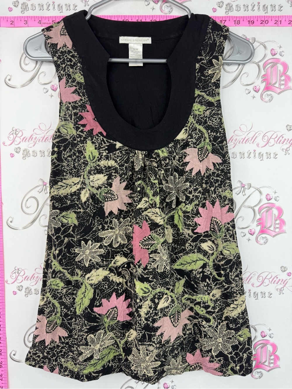 Sarah Spencer tank top y2k Black Floral Tank with Pink and Green Bloom